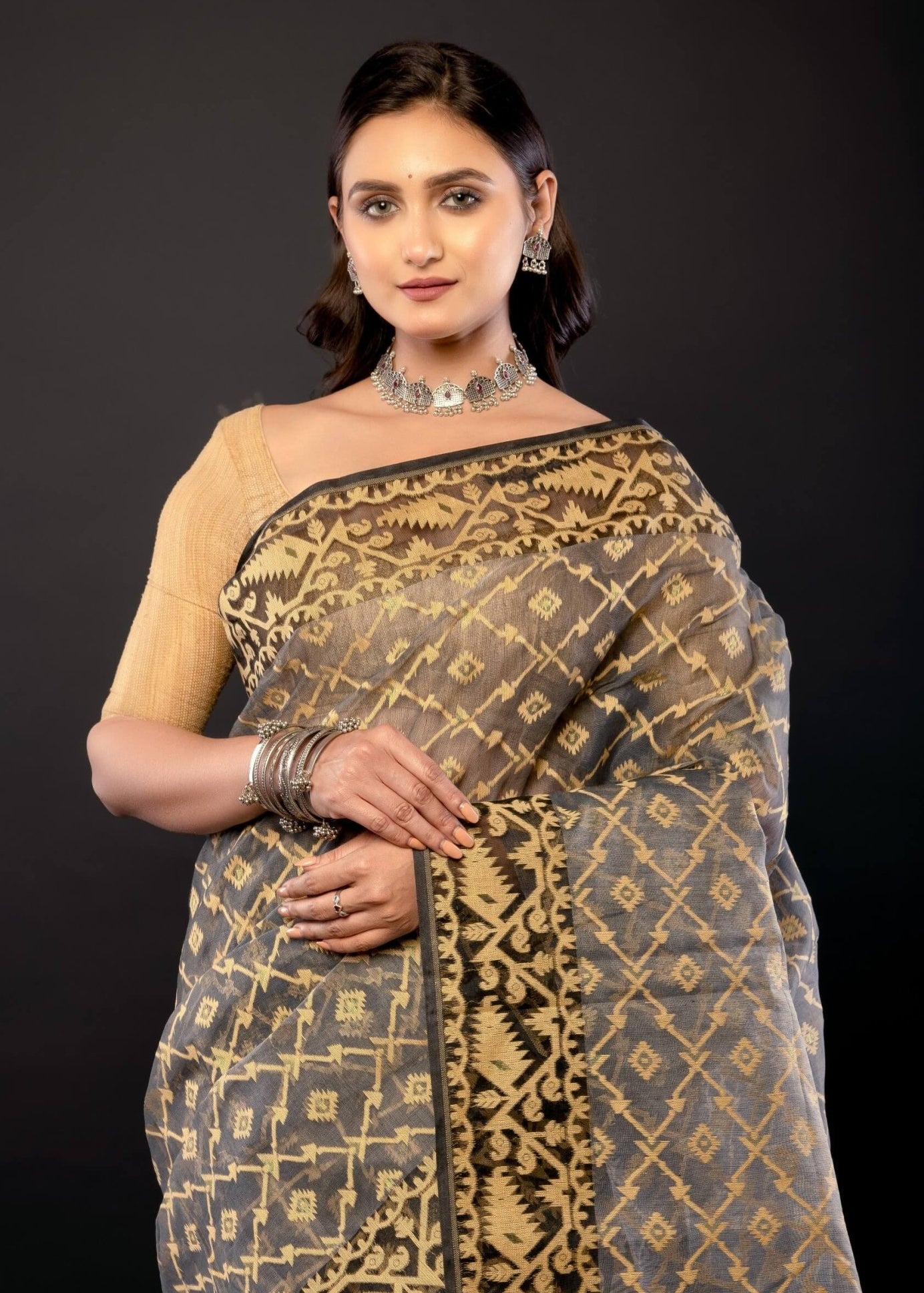 Black and Beige Bangladeshi Dhakai Jamdani with all over Jaal work - Anvi Couture