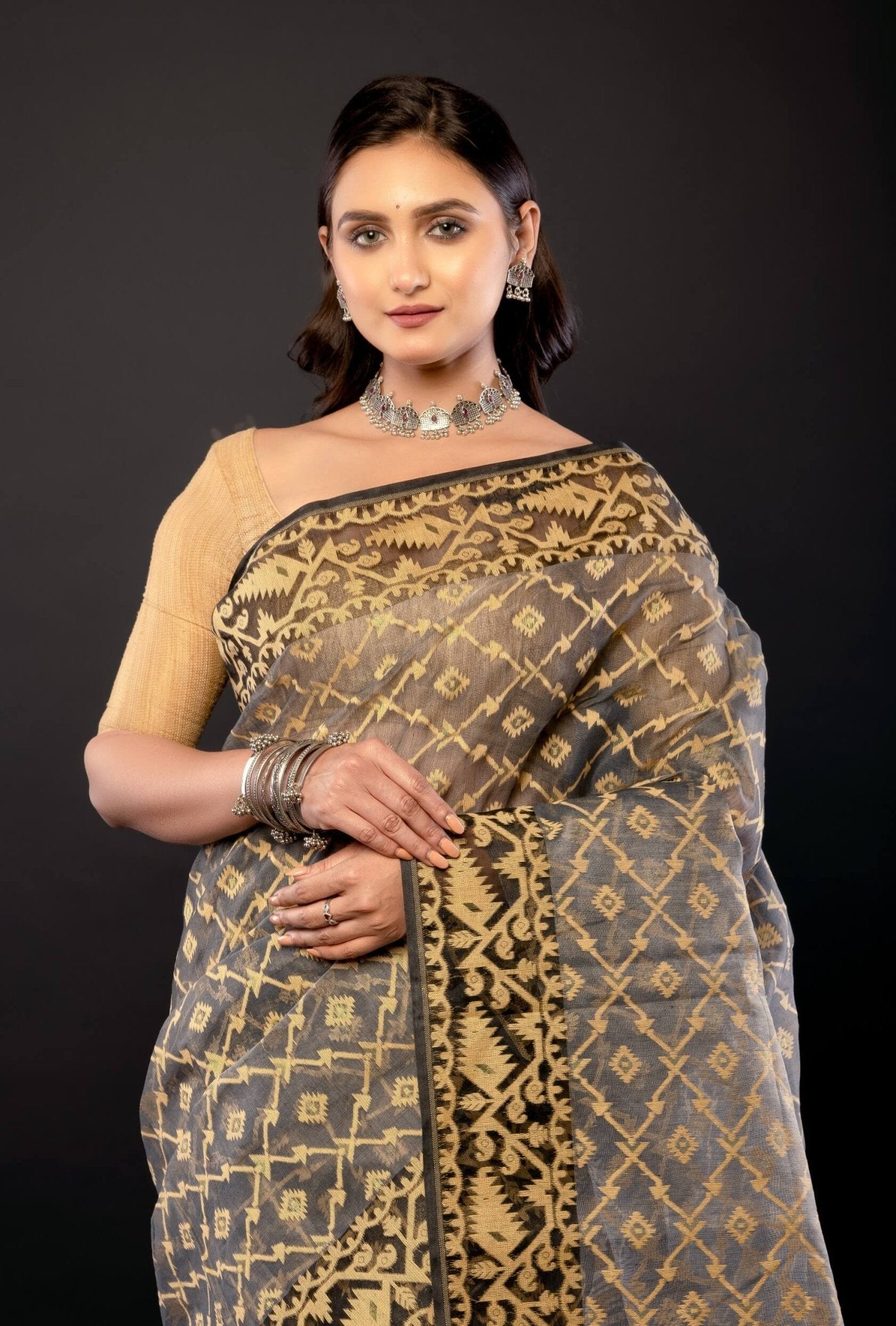 Black and Beige Bangladeshi Dhakai Jamdani with all over Jaal work - Anvi Couture