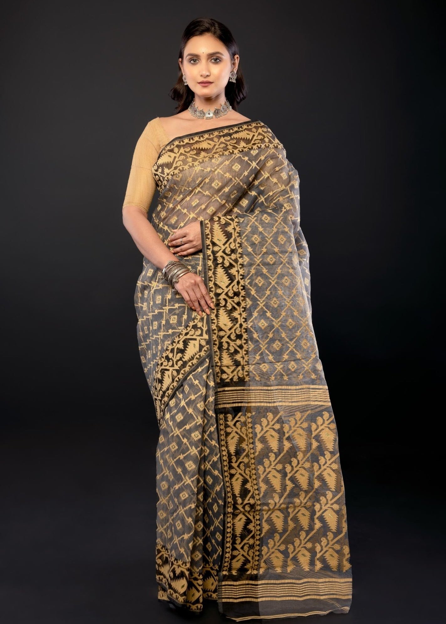 Black and Beige Bangladeshi Dhakai Jamdani with all over Jaal work - Anvi Couture