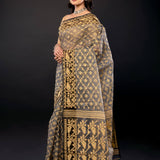 Black and Beige Bangladeshi Dhakai Jamdani with all over Jaal work - Anvi Couture