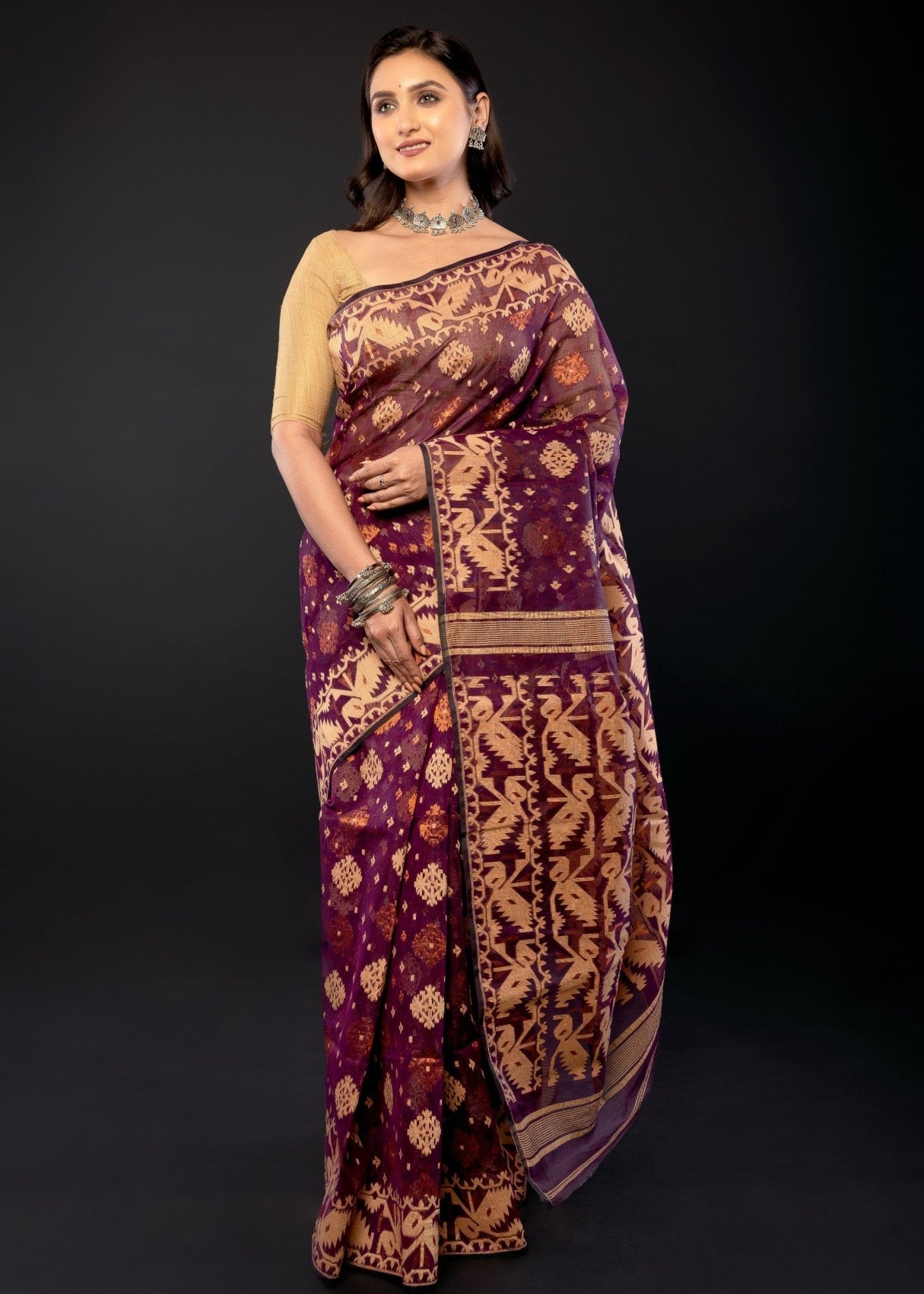 Purple Bangladeshi Dhakai Jamdani with all over Jaal work - Anvi Couture