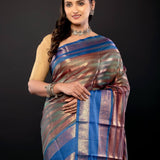 Peacock Green Organza Saree Gold stripes and Blue Border - Anvi Couture