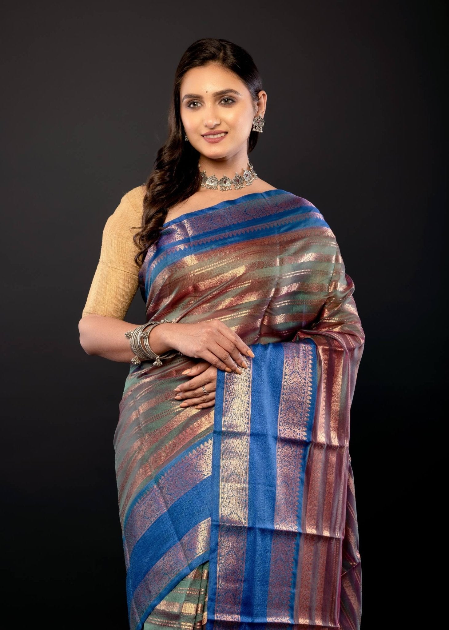 Peacock Green Organza Saree Gold stripes and Blue Border - Anvi Couture