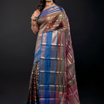 Peacock Green Organza Saree Gold stripes and Blue Border - Anvi Couture