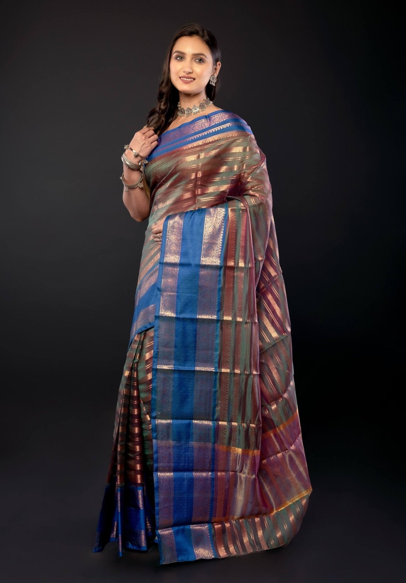 Peacock Green Organza Saree Gold stripes and Blue Border - Anvi Couture