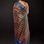 Peacock Green Organza Saree Gold stripes and Blue Border - Anvi Couture