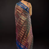 Peacock Green Organza Saree Gold stripes and Blue Border - Anvi Couture