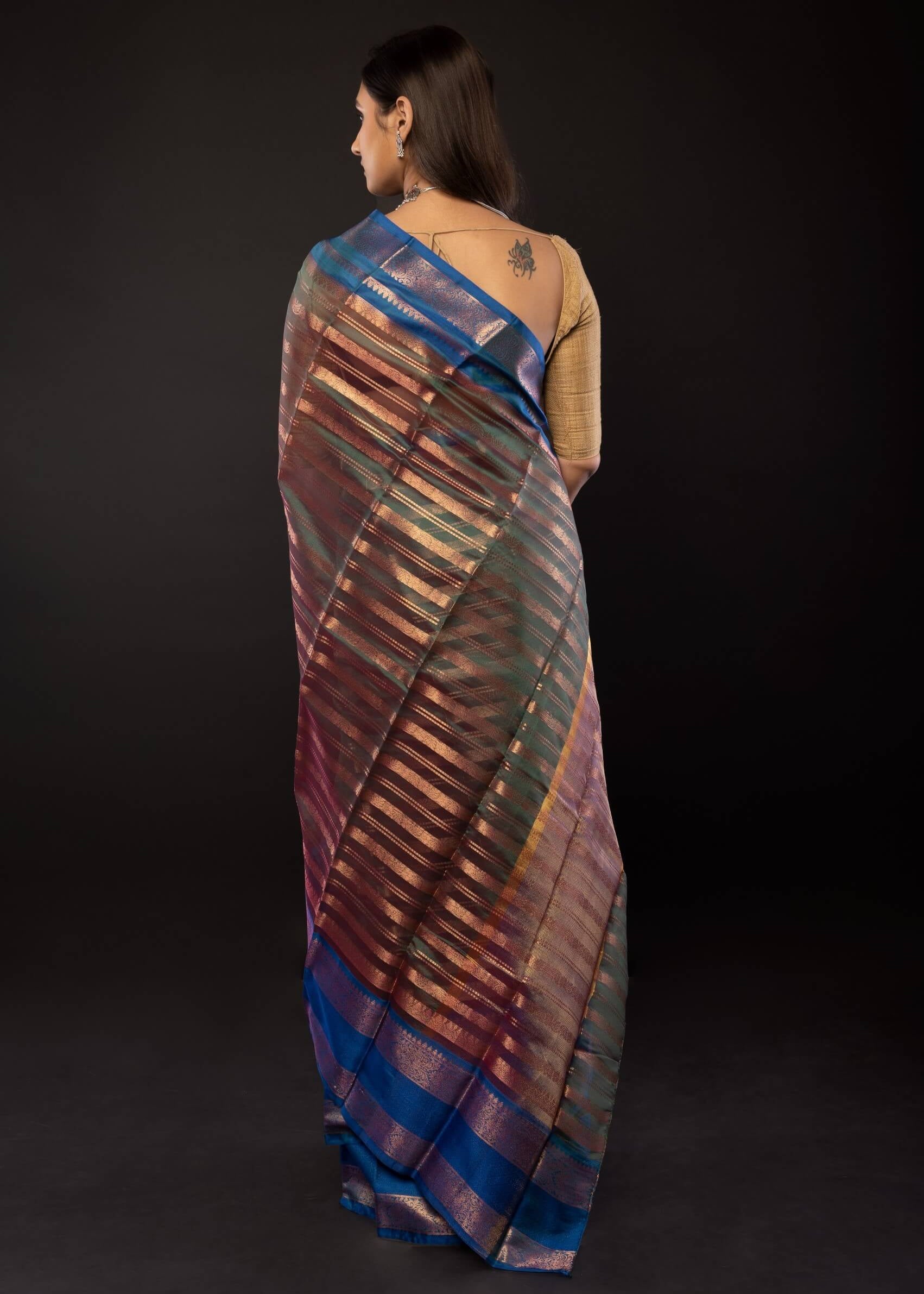 Peacock Green Organza Saree Gold stripes and Blue Border - Anvi Couture