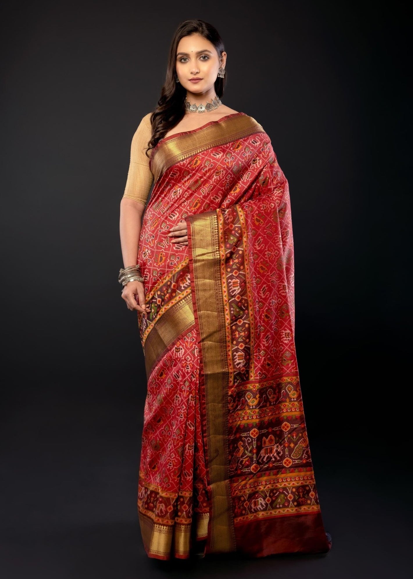 Red and Gold Traditional Patola Silk Saree - Anvi Couture