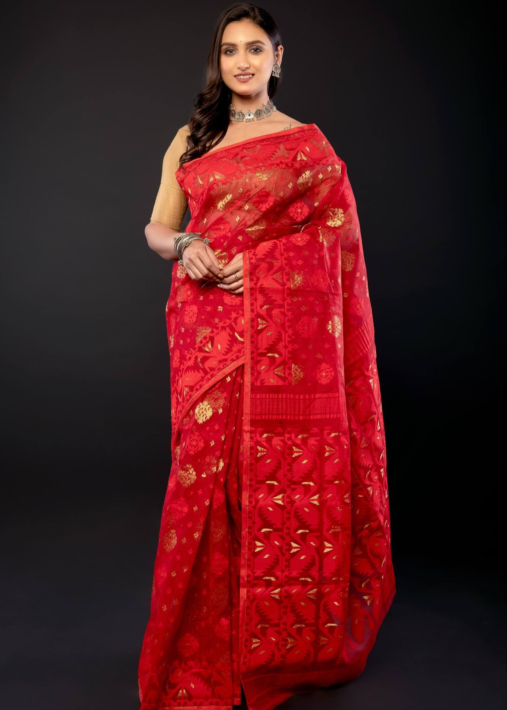 Red Original Bangladesi Dhakai Jamdani Saree with All - Over Jaal work - Anvi Couture