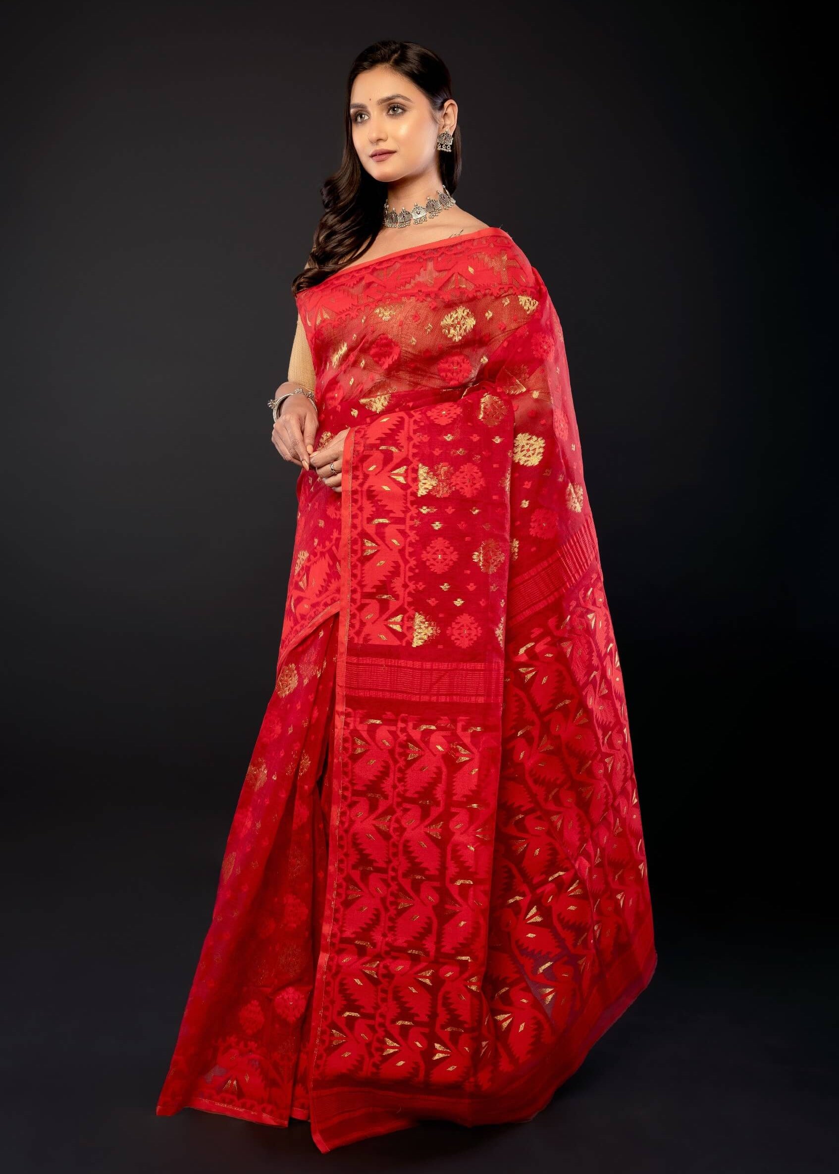 Red Original Bangladesi Dhakai Jamdani Saree with All - Over Jaal work - Anvi Couture