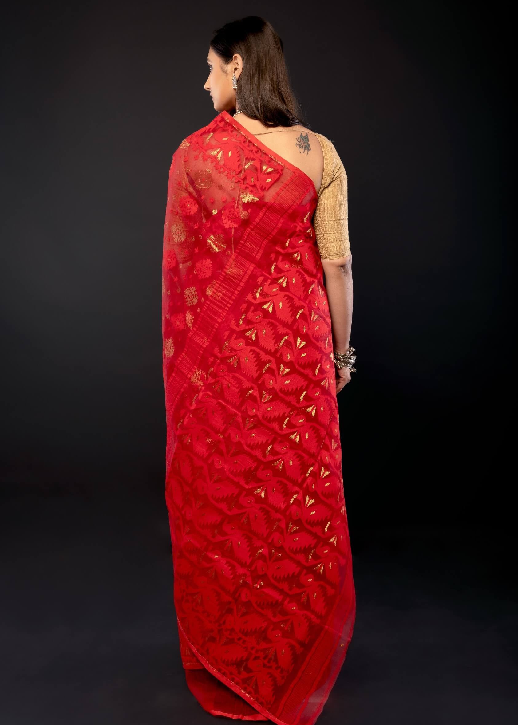 Red Original Bangladesi Dhakai Jamdani Saree with All - Over Jaal work - Anvi Couture