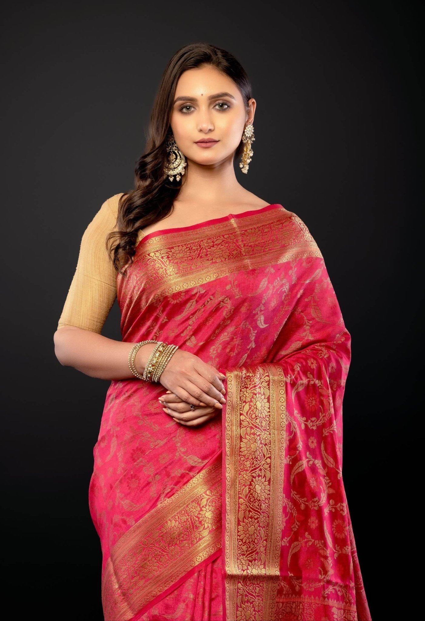 Pink and Gold Zari Woven Silk Saree - Anvi Couture