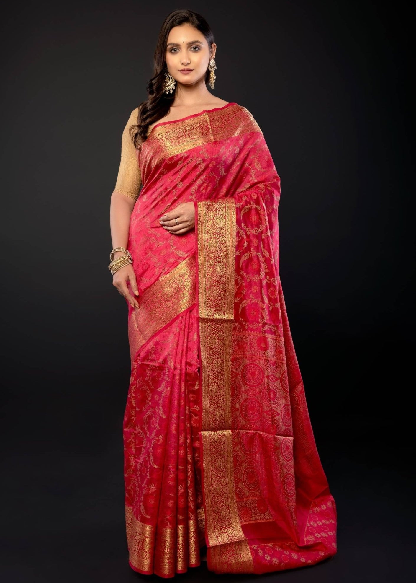 Pink and Gold Zari Woven Silk Saree - Anvi Couture