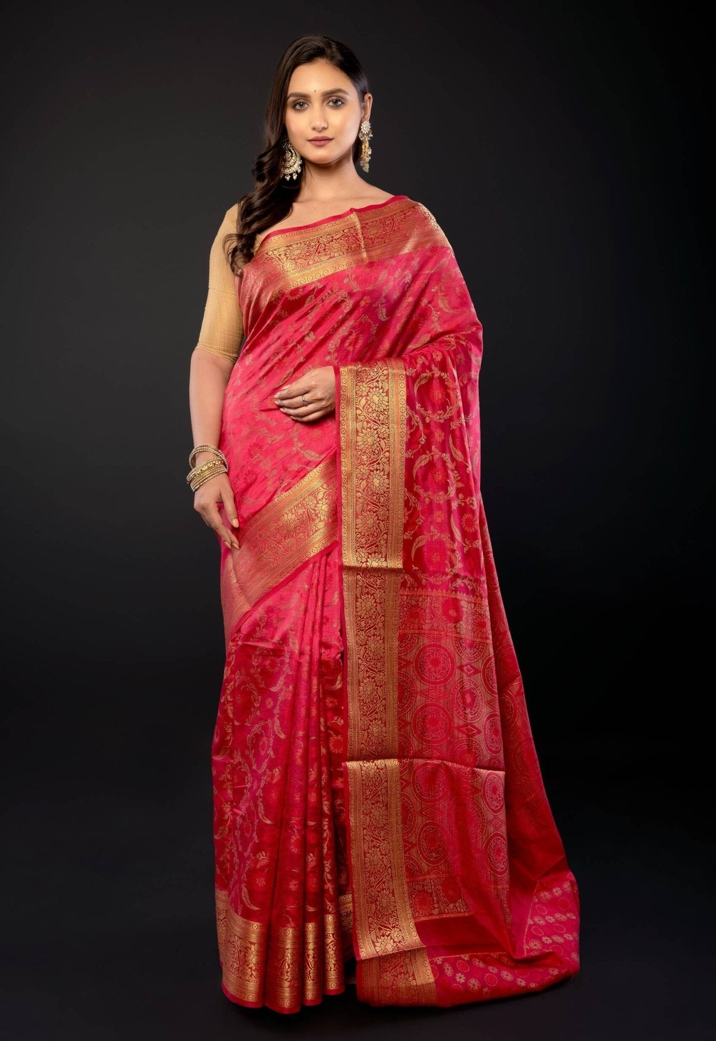 Pink and Gold Zari Woven Silk Saree - Anvi Couture