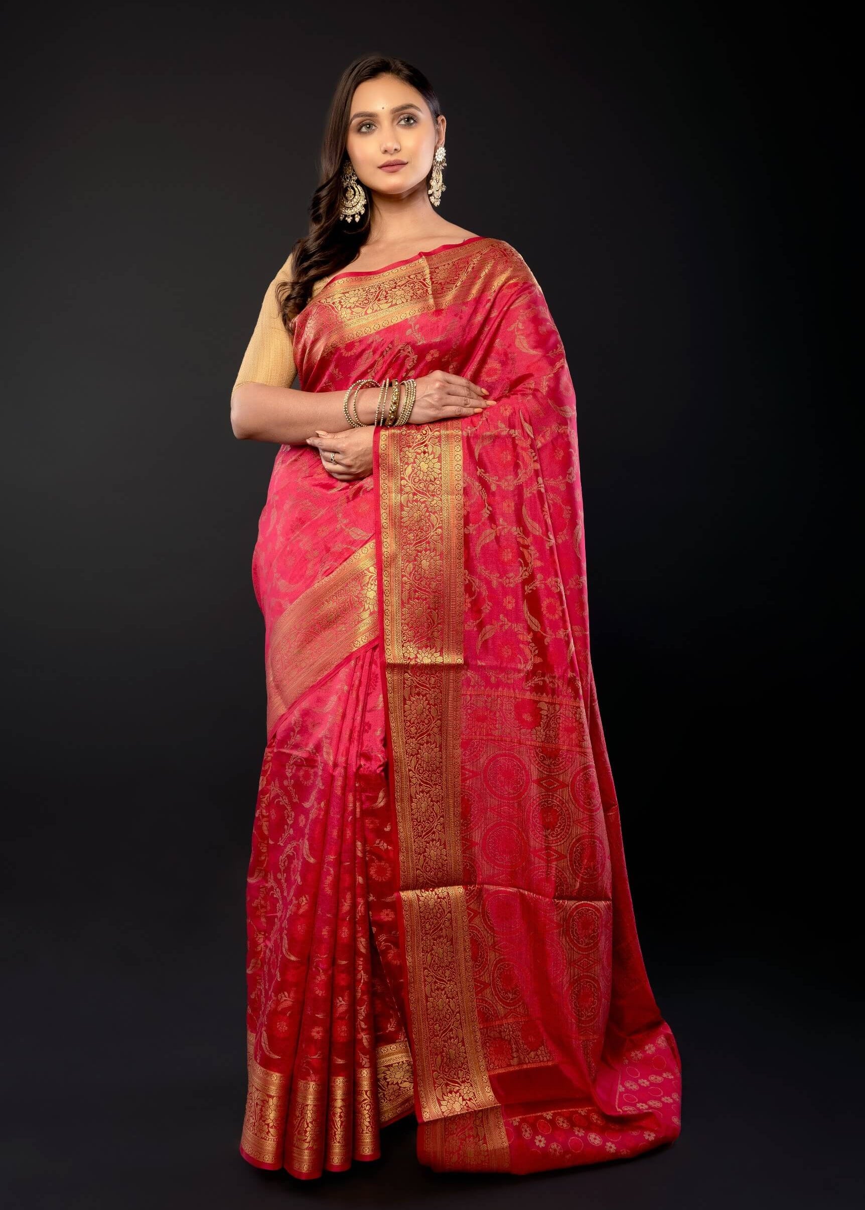 Pink and Gold Zari Woven Silk Saree - Anvi Couture
