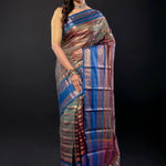 Peacock Green Organza Saree Gold stripes and Blue Border - Anvi Couture