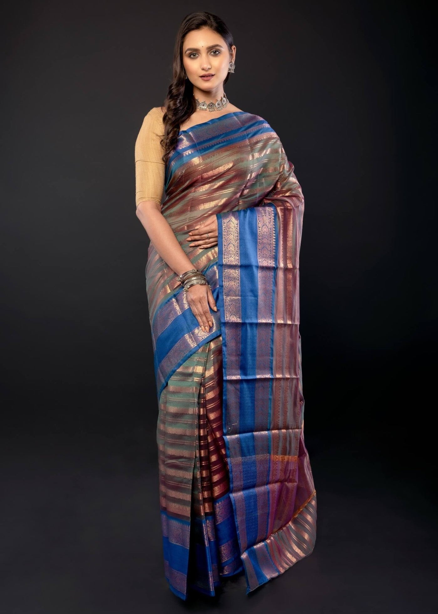 Peacock Green Organza Saree Gold stripes and Blue Border - Anvi Couture