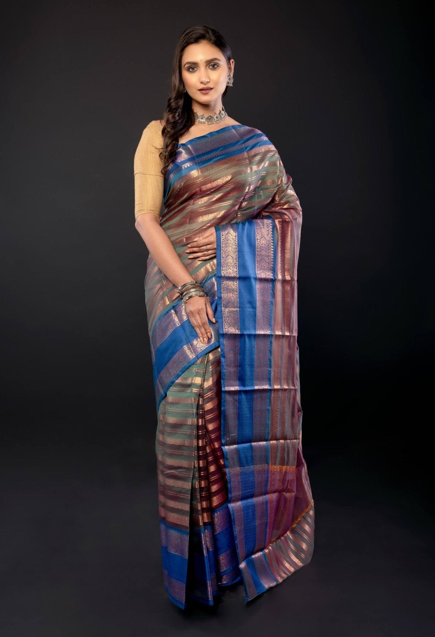 Peacock Green Organza Saree Gold stripes and Blue Border - Anvi Couture