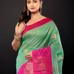 Green and Pink Zari Woven Cotton Silk Saree - Anvi Couture