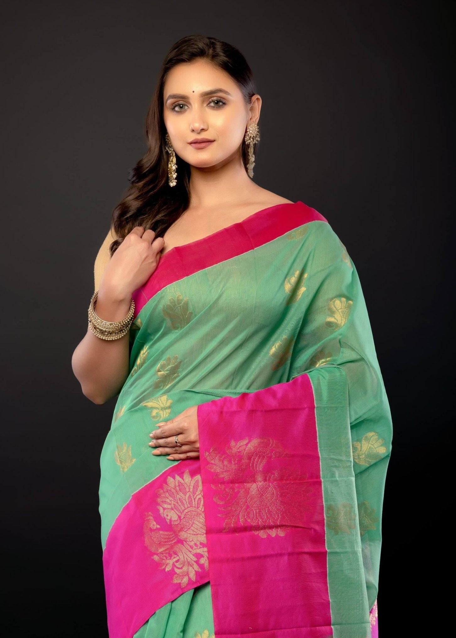 Green and Pink Zari Woven Cotton Silk Saree - Anvi Couture