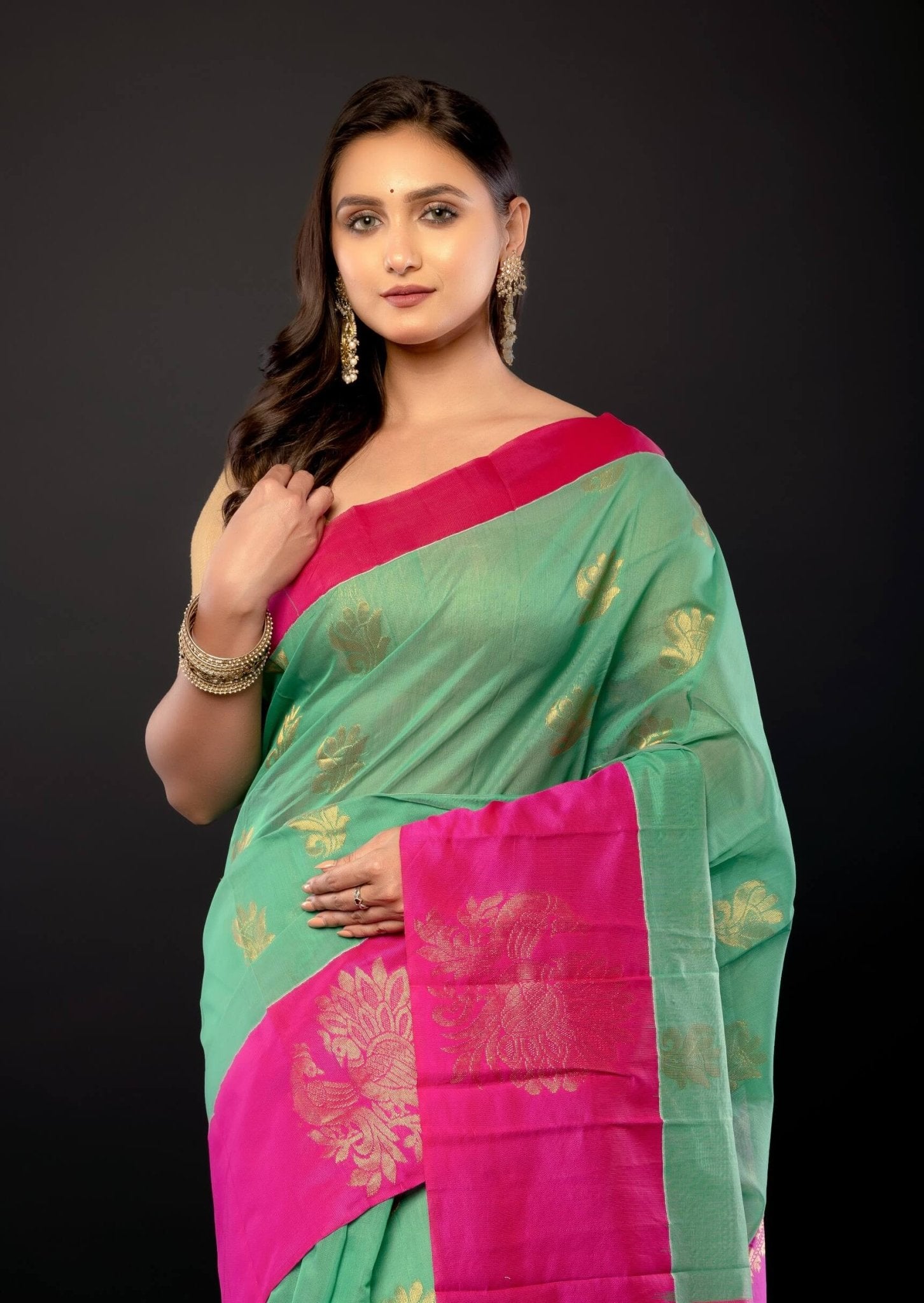 Green and Pink Zari Woven Cotton Silk Saree - Anvi Couture