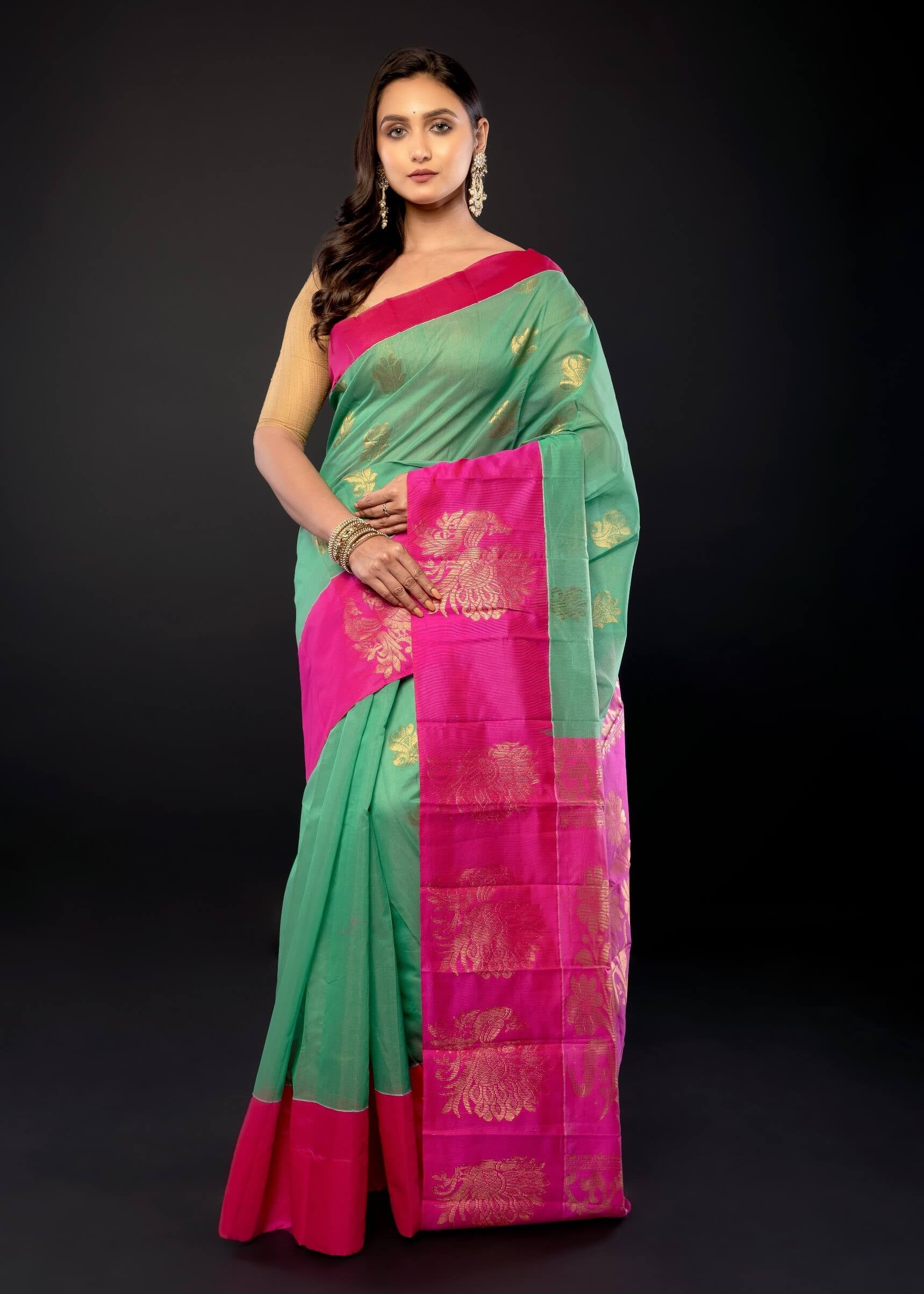 Green and Pink Zari Woven Cotton Silk Saree - Anvi Couture
