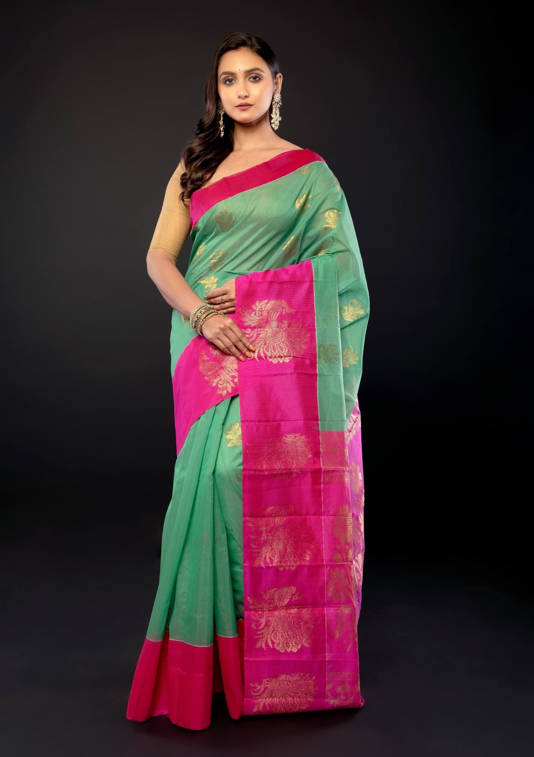 Green and Pink Zari Woven Cotton Silk Saree - Anvi Couture