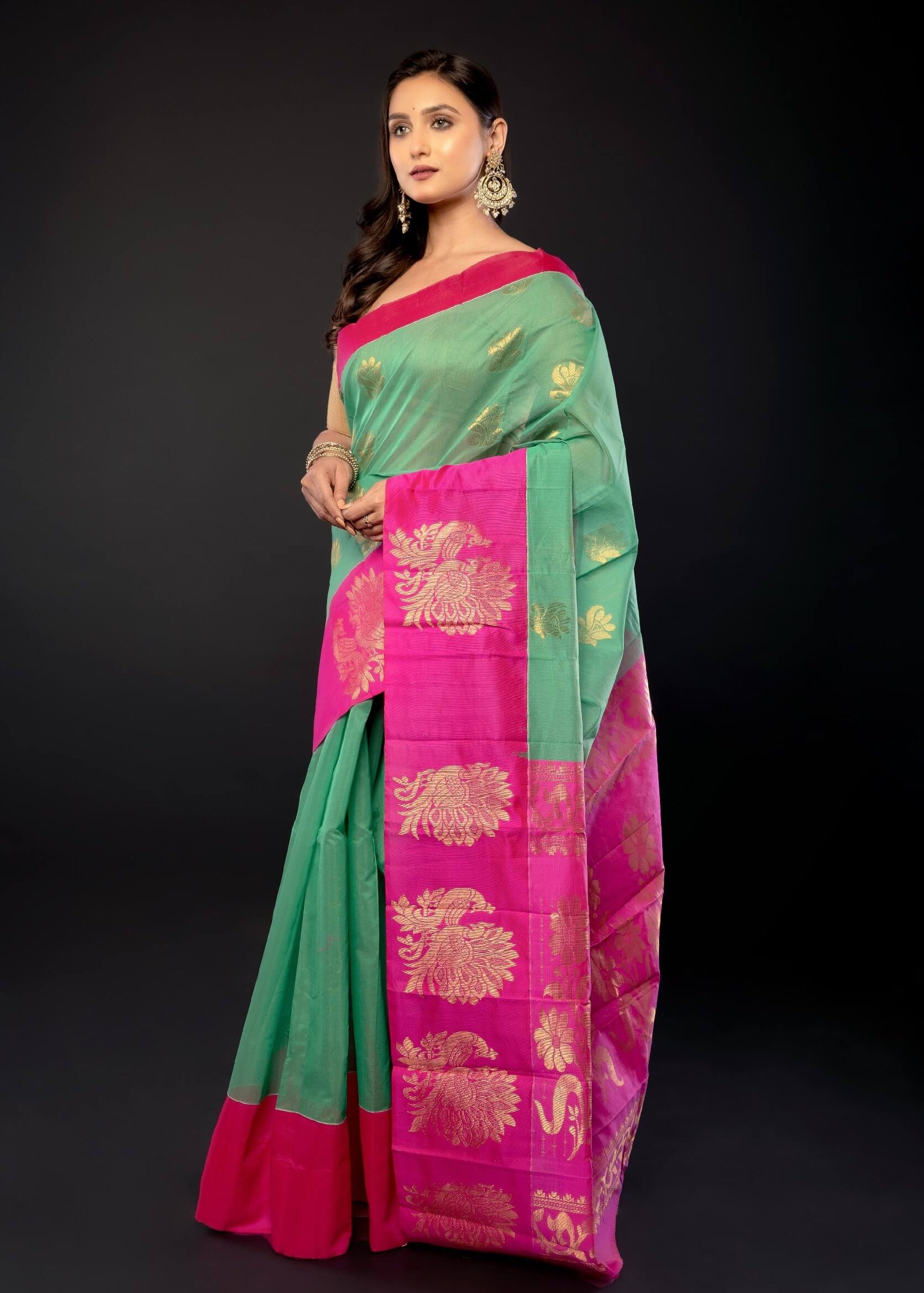 Green and Pink Zari Woven Cotton Silk Saree - Anvi Couture