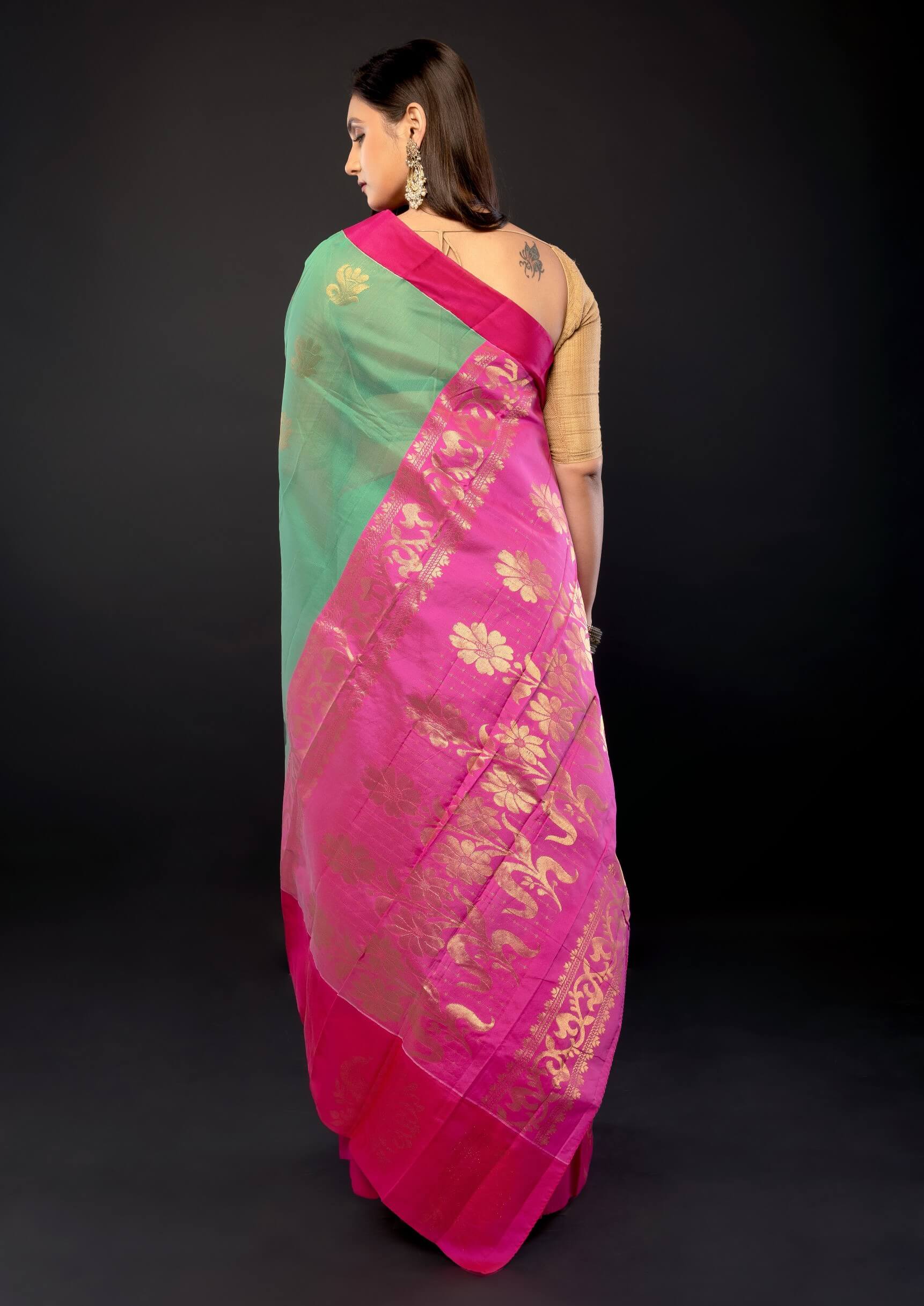 Green and Pink Zari Woven Cotton Silk Saree - Anvi Couture