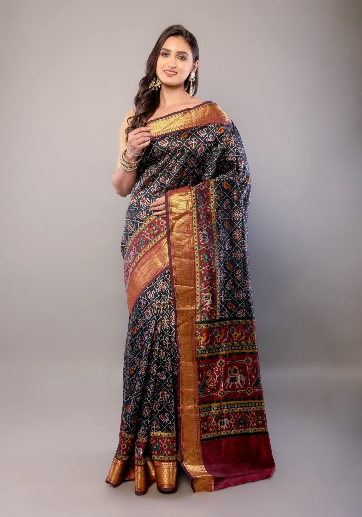 Black and Maroon Zari Woven Patola Silk Saree - Anvi Couture