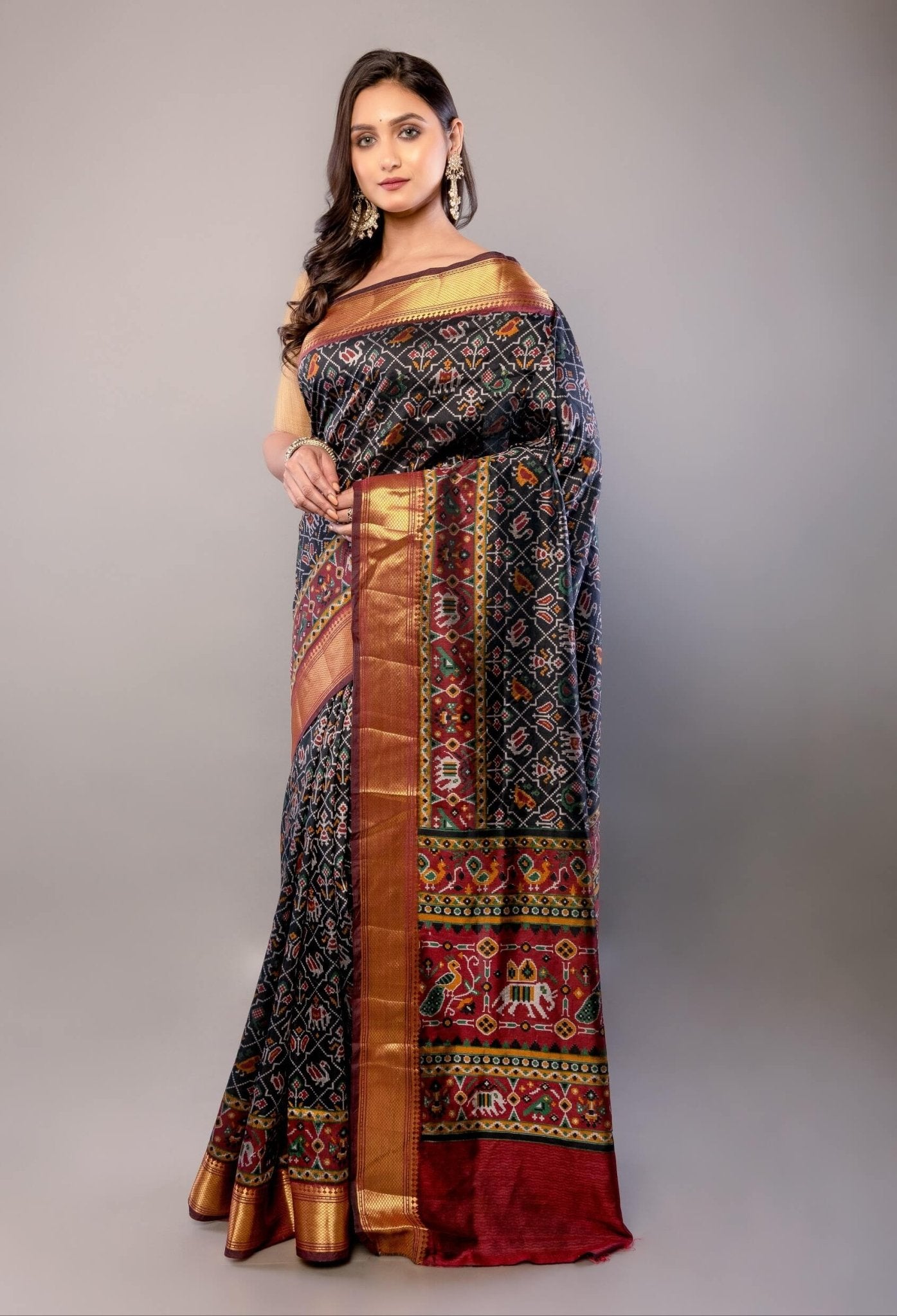 Black and Maroon Zari Woven Patola Silk Saree - Anvi Couture