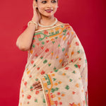 Off - White Handwoven Cotton Jamdani Saree with Multicolor Elegance - Anvi Couture