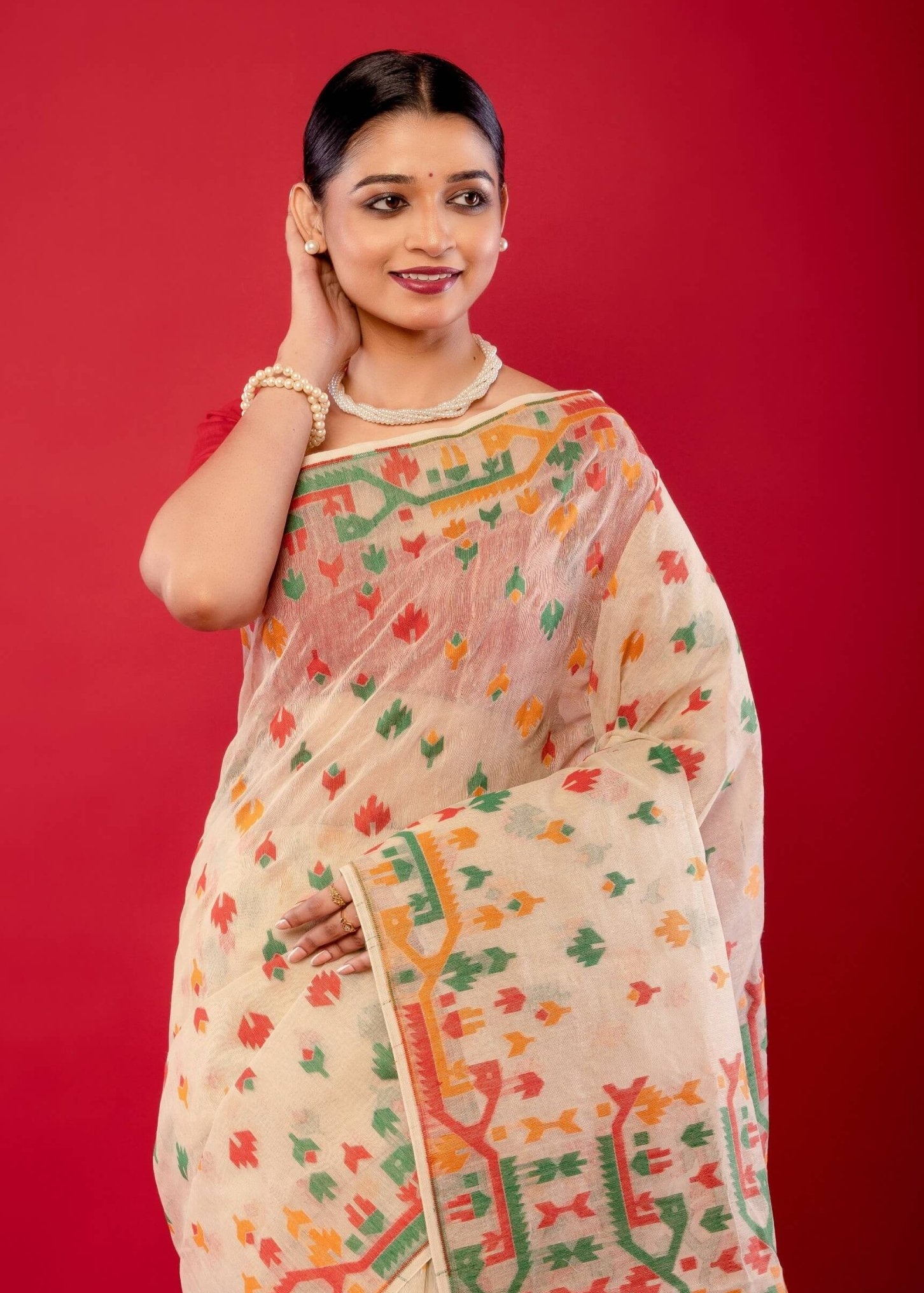 Off - White Handwoven Cotton Jamdani Saree with Multicolor Elegance - Anvi Couture