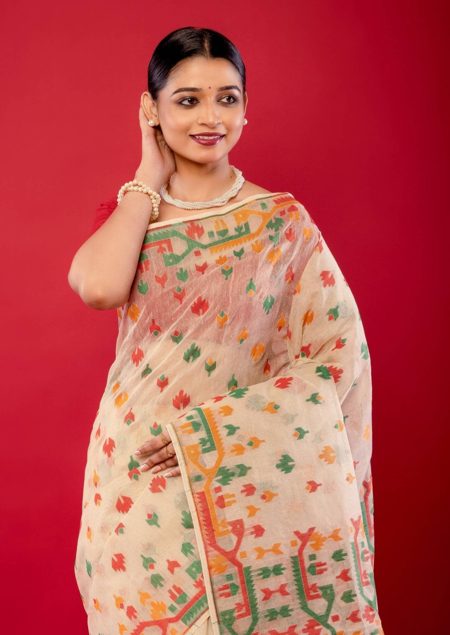 Off - White Handwoven Cotton Jamdani Saree with Multicolor Elegance - Anvi Couture