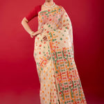 Off - White Handwoven Cotton Jamdani Saree with Multicolor Elegance - Anvi Couture
