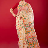 Off - White Handwoven Cotton Jamdani Saree with Multicolor Elegance - Anvi Couture
