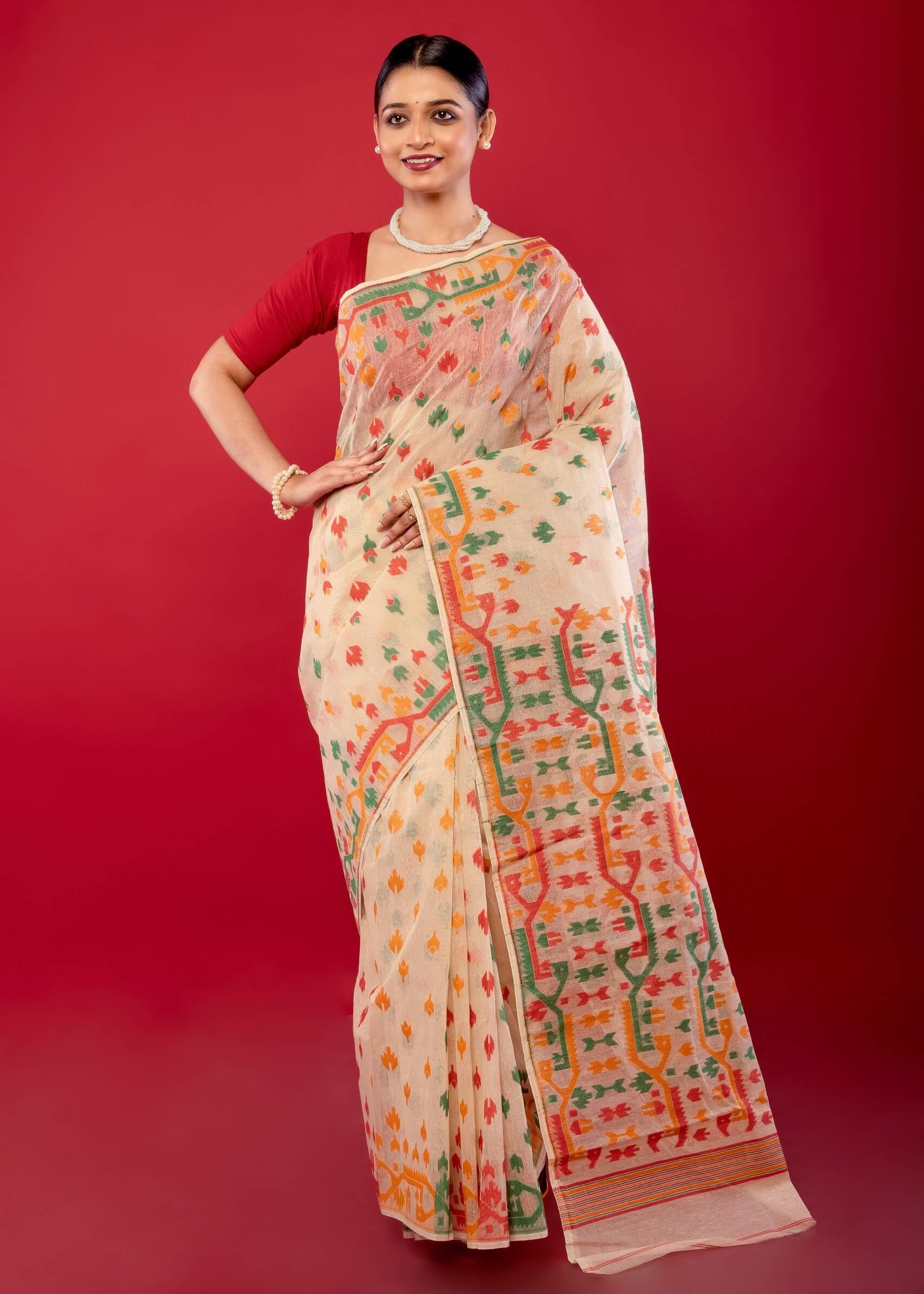 Off - White Handwoven Cotton Jamdani Saree with Multicolor Elegance - Anvi Couture