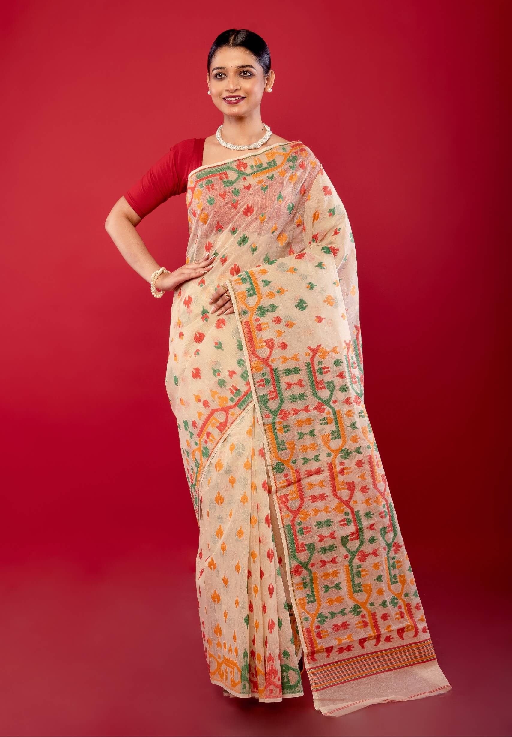 Off - White Handwoven Cotton Jamdani Saree with Multicolor Elegance - Anvi Couture