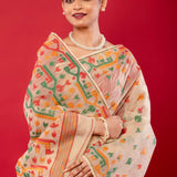 Off - White Handwoven Cotton Jamdani Saree with Multicolor Elegance - Anvi Couture