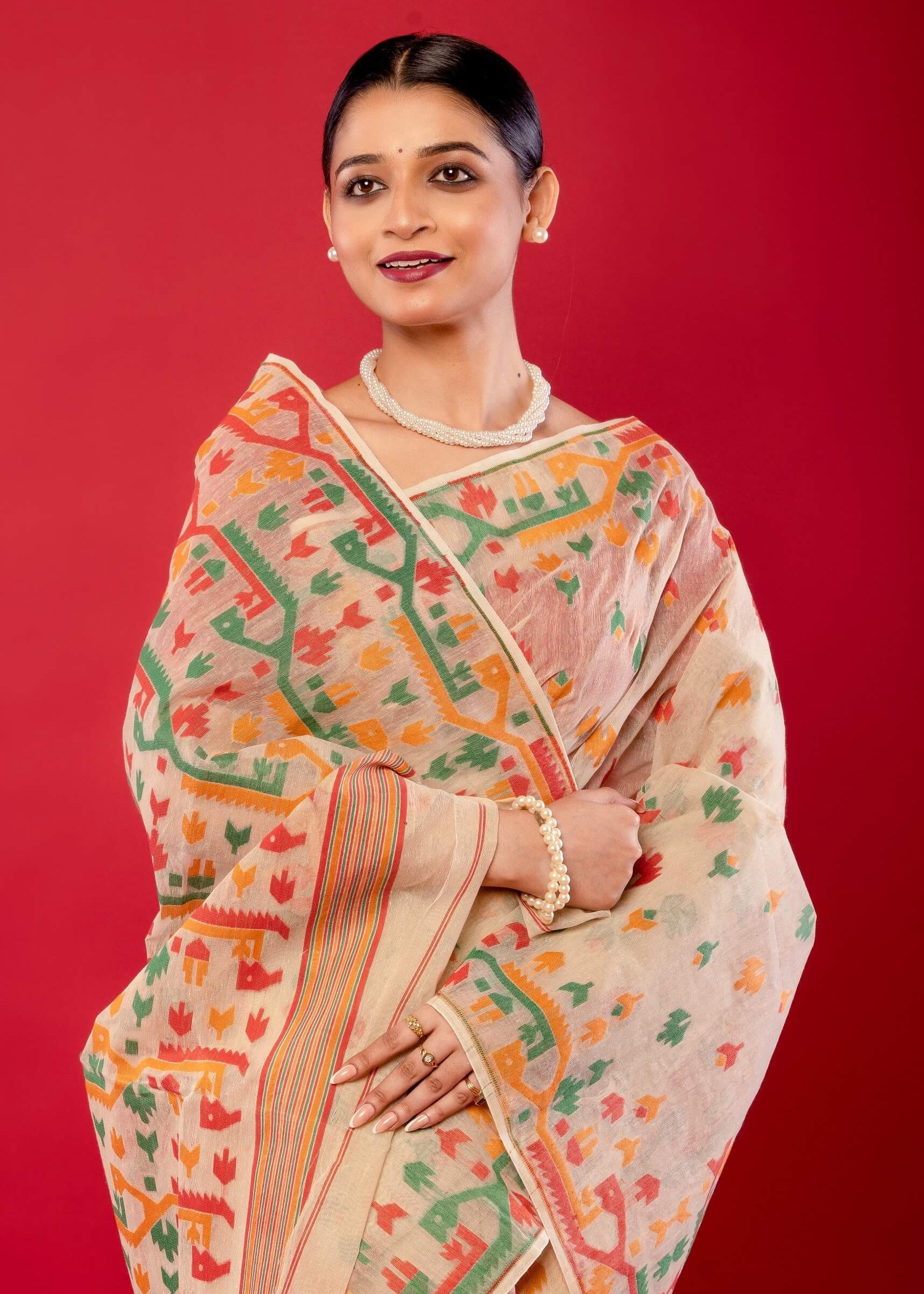 Off - White Handwoven Cotton Jamdani Saree with Multicolor Elegance - Anvi Couture
