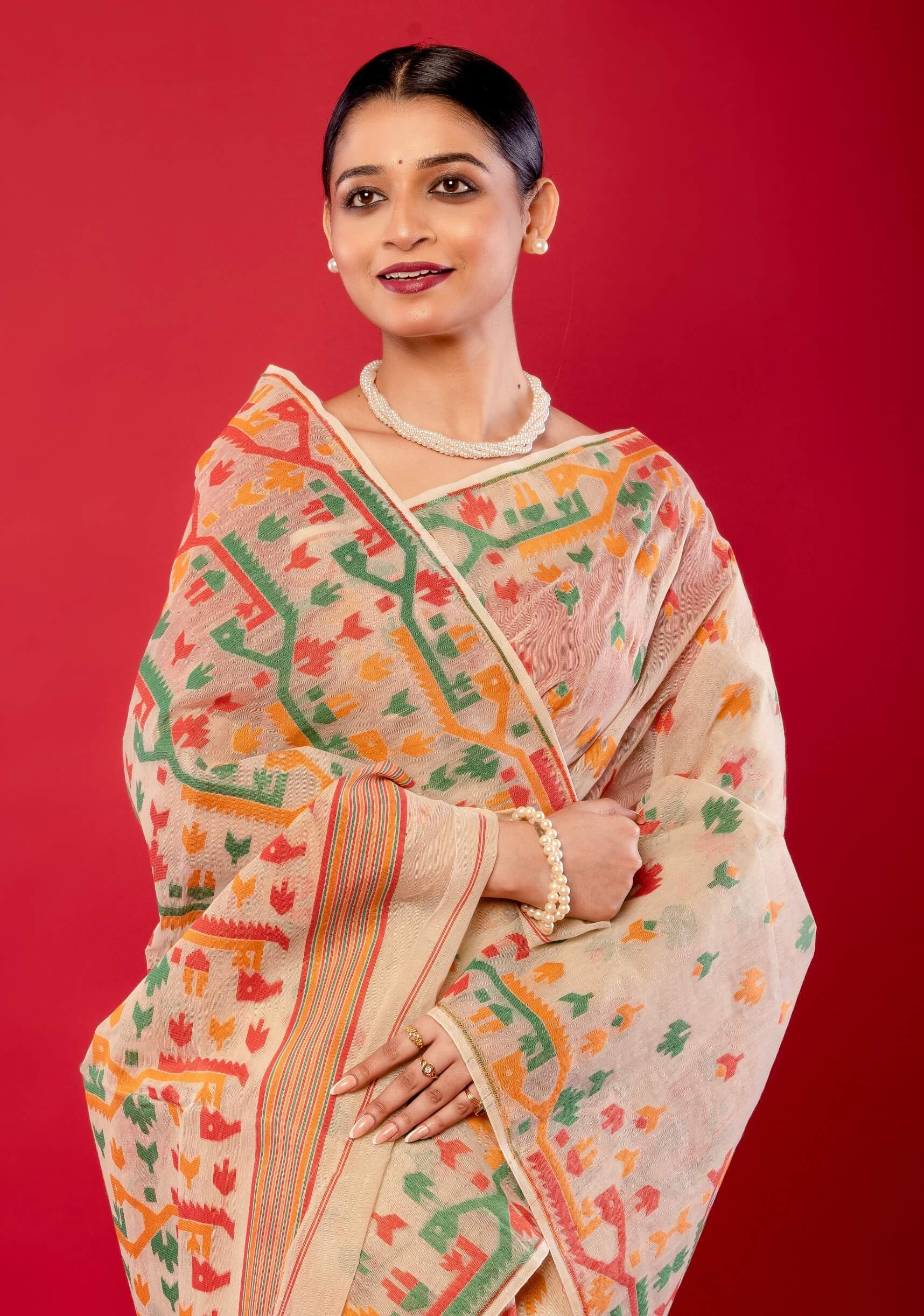 Off - White Handwoven Cotton Jamdani Saree with Multicolor Elegance - Anvi Couture
