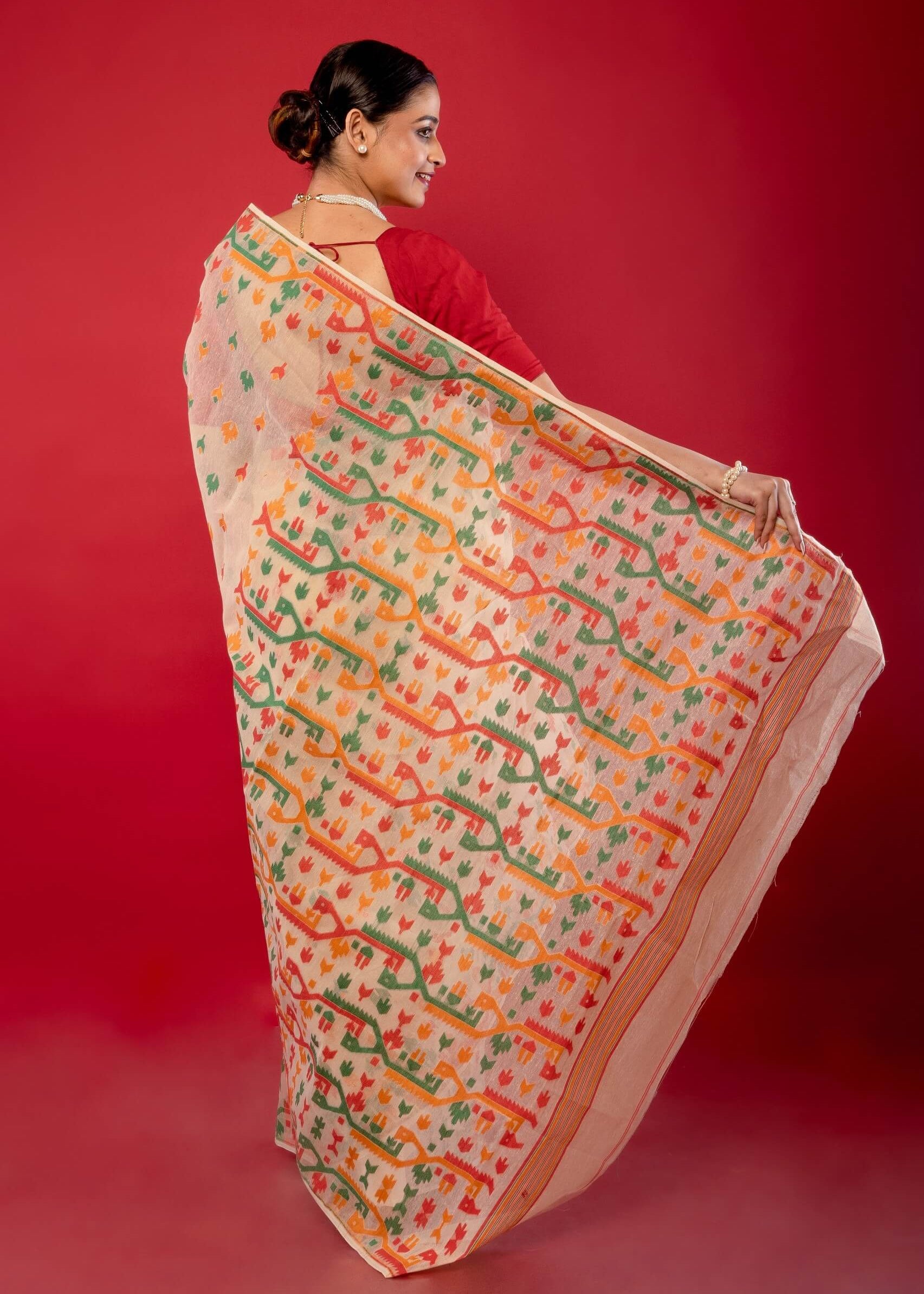 Off - White Handwoven Cotton Jamdani Saree with Multicolor Elegance - Anvi Couture