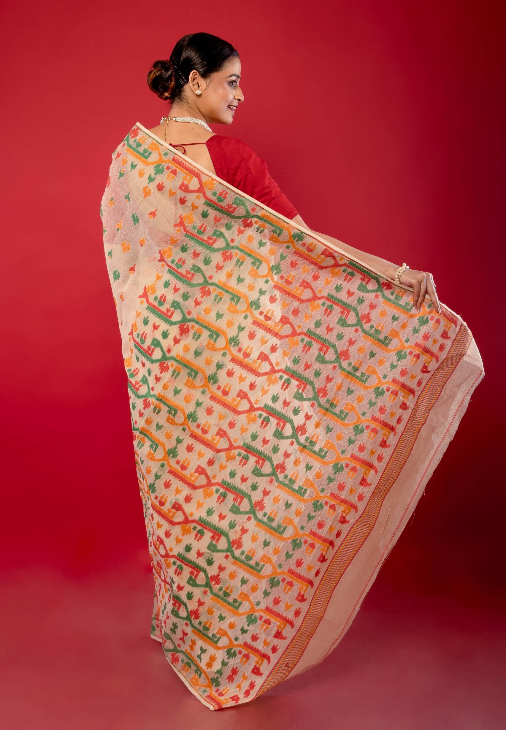 Off - White Handwoven Cotton Jamdani Saree with Multicolor Elegance - Anvi Couture