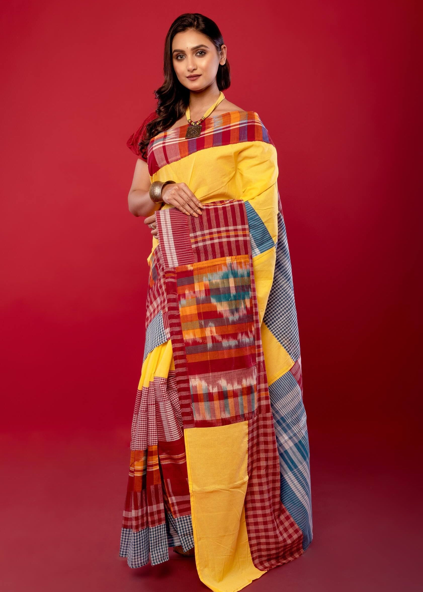 Yellow Cotton Gamcha Saree with Multicolor Checks - Anvi Couture