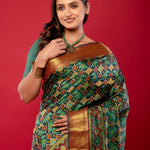 Green Patola Silk Saree with Contrasting Maroon and Gold Zari Border - Anvi Couture