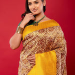 Yellow and White Printed Silk Saree with Golden Woven Border - Anvi Couture