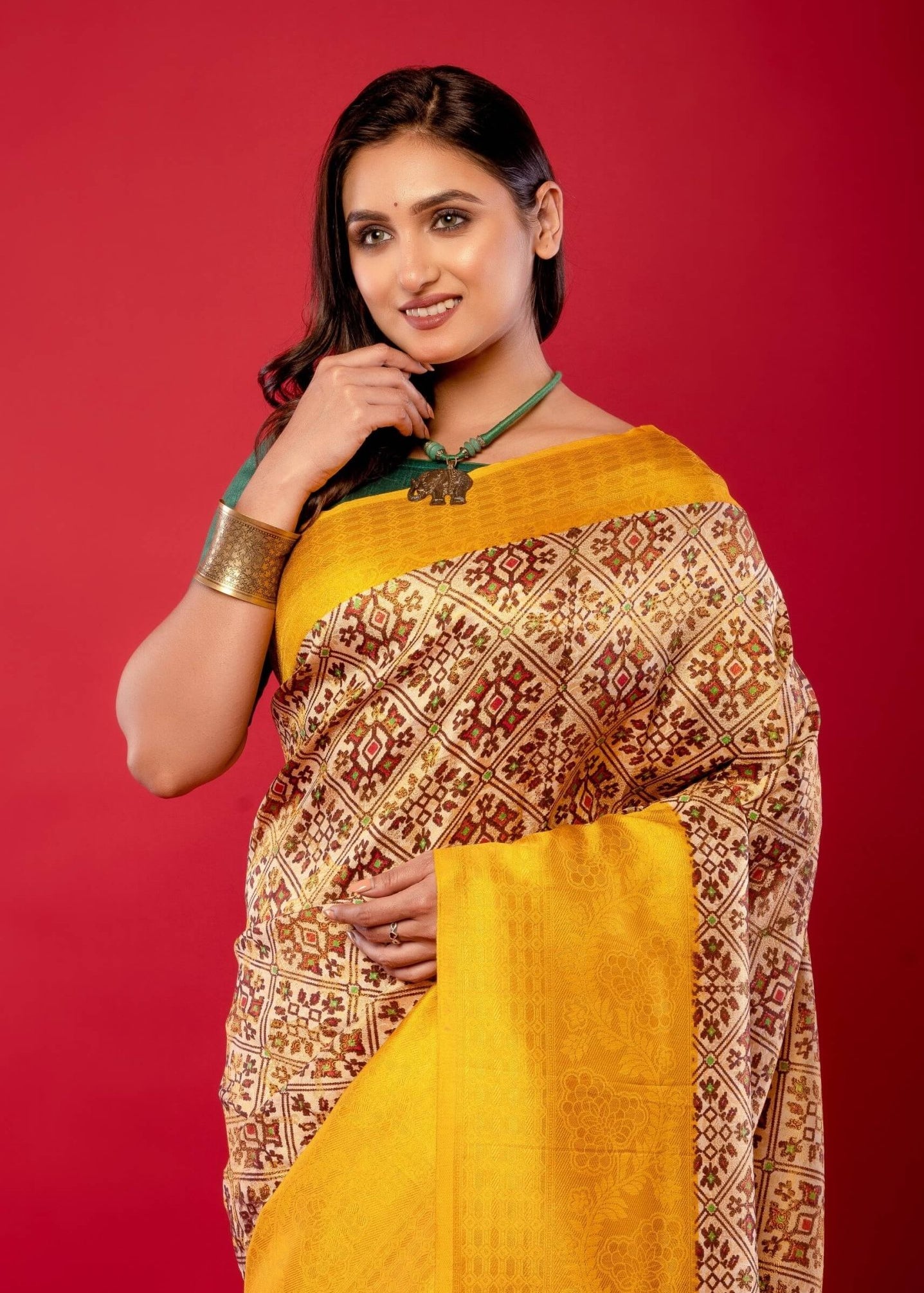 Yellow and White Printed Silk Saree with Golden Woven Border - Anvi Couture