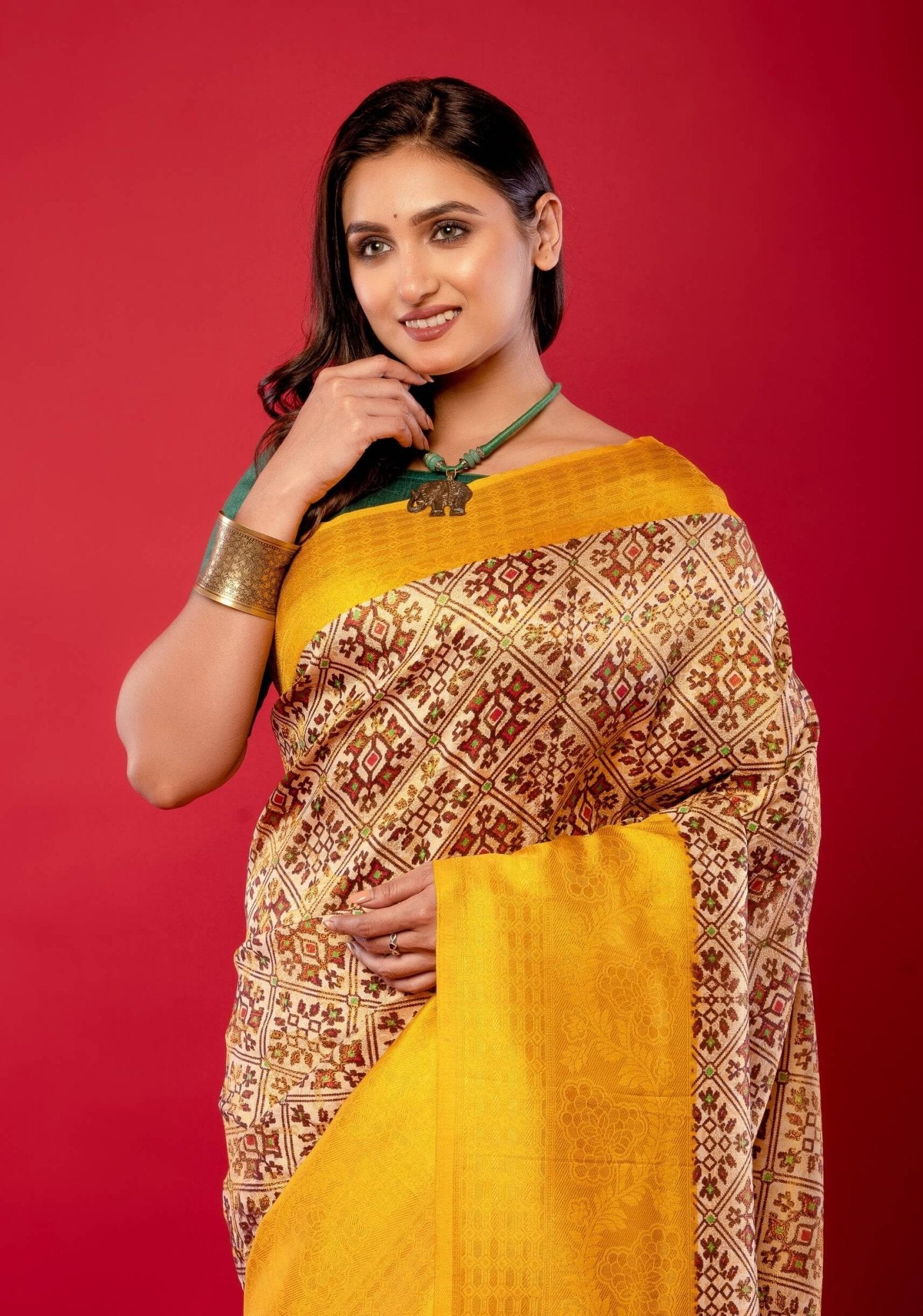 Yellow and White Printed Silk Saree with Golden Woven Border - Anvi Couture
