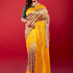 Yellow and White Printed Silk Saree with Golden Woven Border - Anvi Couture